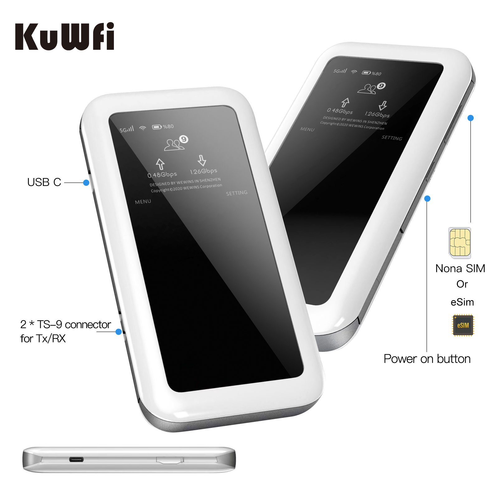 KuWFi M46-e AX1800 5G E-Sim Portable Router 1800 Mbps Speed High Performance Mobile 4500 Mah Battery 5G Mini Wifi Router